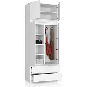 BDW Kledingkast met 4 deuren, 4 legplanken, kleerhanger, 2 laden - Opbergkast - Moderne kledingkast voor de slaapkamer woonkamer hal - 234x90x51cm - Wit