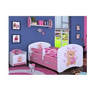 Generic BDW Kinderbed met matras en bedlade, 140/160/180/190, verschillende varianten, meisjes, roze Teddybeer, 160x80)