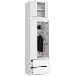 BDW Kledingkast Met Opzetstuk, 4-Deurs, 2 Laden, Voor Slaapkamer, Woonkamer, Hal, 234x60x51cm (Wit), Eenheidsmaat