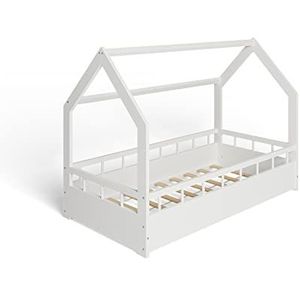 MS FACTORY Huisbed 80x160 cm - Kinderbed met valbeveiliging - Dennenhouten bed met lattenbodem - Barrière Wit