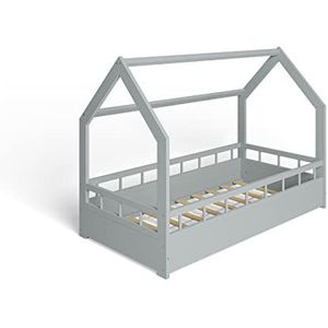 MS FACTORY Huisbed 80x160 cm - Kinderbed met valbeveiliging - Dennenhouten bed met lattenbodem - Barrière Grijs