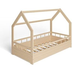 MS FACTORY Huisbed 80x160 cm - Kinderbed met valbeveiliging - Dennenhouten bed met lattenbodem - Barrière Hout