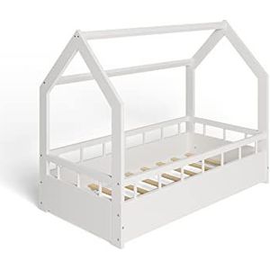 MS FACTORY Huisbed 70x140 cm - Kinderbed met valbeveiliging - Dennenhouten bed met lattenbodem - Barrière Wit