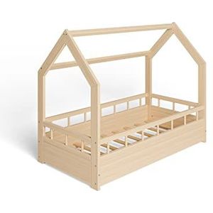 MS FACTORY Huisbed 80x160 cm - Kinderbed met valbeveiliging - Dennenhouten bed met lattenbodem - Barrière Hout