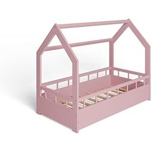 MS FACTORY Huisbed 70x140 cm - Kinderbed met valbeveiliging - Dennenhouten bed met lattenbodem - Barrière Roze