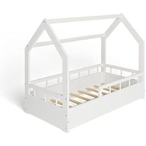 MS FACTORY Huisbed 70x140 cm - Kinderbed met valbeveiliging - Dennenhouten bed met lattenbodem - Halve Barrière Wit