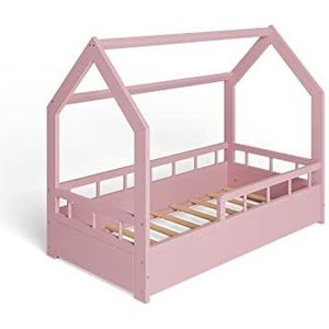 MS FACTORY Huisbed 70x140 cm - Kinderbed met valbeveiliging - Dennenhouten bed met lattenbodem - Halve Barrière Roze