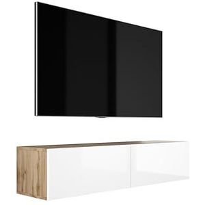 3E 3xE living.com Hangende tv-kast (Breedte: 140 x 200 cm. Hoogte: 34 cm. Diepte: 32 cm) Lowboard, tv-meubel, Wotan eiken/hoogglans wit.