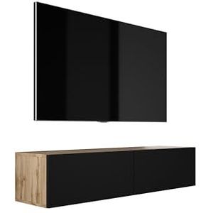 3E 3xE living.com Hangende tv-kast (breedte: 140 x 200 cm. Hoogte: 34 cm. Diepte: 32 cm). Lowboard, tv-meubel, Wotan eiken/mat zwart.