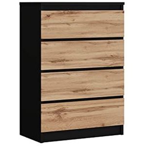 3xEliving commode, dressoir met 4 laden, zwart/eiken Wotan, L: 70 cm H: 101 cm, D: 39 cm, kast, slaapkamer, dressoir voor volwassenen en kinderen, dressoir woonkamer, commode slaapkamer, opbergmeubel, opslag