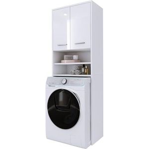 3E 3xE living.com 3xEliving KORALIA Wasmachinekast met 2 deuren, voor wasmachine of droger, hoge kast, badkamerrek, badkamerkast in wit/wit hoogglans