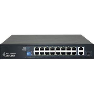 Avizio - Switch - Zwart - 16x RJ45 PoE 100Mb/s + 2x RJ45 Uplink 1Gb/s