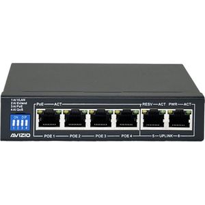 Avizio - Switch - 4x RJ45 PoE 1Gb/s - 2x RJ45 Uplink 1Gb/s - Zwart
