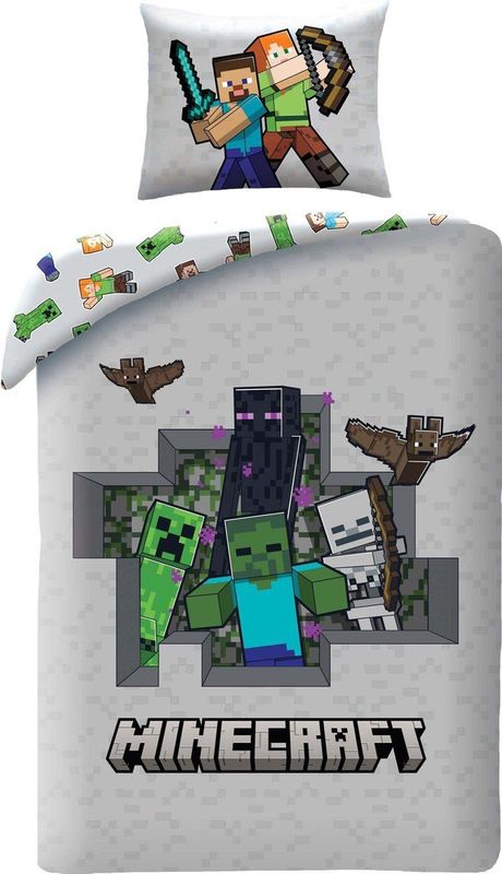 Minecraft Dekbedovertrek, Steve & Alex - Eenpersoons - 140 x 200 cm + 70 x 90 cm - Polyester