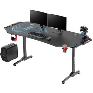 ULTRADESK Frag XXL RGB LED-computerbureau gaming-bureau speeltafel met groot werkblad en XXL-pad, 2 kabeluitgangen | Compartiment voor stekkerdozen | Stalen frame, blauwe pad, 160x75 cm