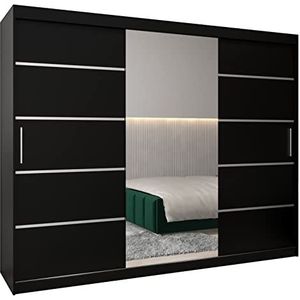 MEBLE KRYSPOL Verona 2 250 slaapkamerkast met DRIE schuifdeuren, spiegel, kledingroede en planken - 250x200x62cm - mat zwart