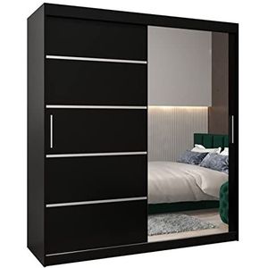 MEBLE KRYSPOL Verona 2 180 slaapkamerkast met twee schuifdeuren, spiegel, kledingroede en planken - 180x200x62cm - mat zwart