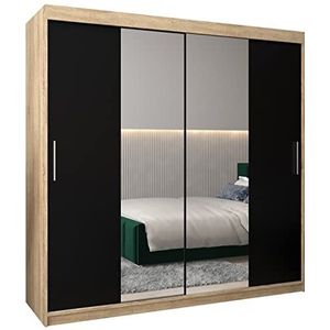 MEBLE KRYSPOL Tokyo 1 200 slaapkamerkast met twee schuifdeuren, spiegel, kledingroede en planken - 200x200x62cm - Sonoma + mat zwart