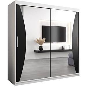 MEBLE KRYSPOL Monaco 200 slaapkamerkast met twee schuifdeuren, spiegel, kledingroede en planken - 200x200x62cm - mat wit + mat zwart