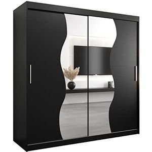KRYSPOL Madryt schuifdeurkast 200 cm met spiegelkast met kledingstang en plank slaapkamer woonkamer kast schuifdeuren modern design (zwart)