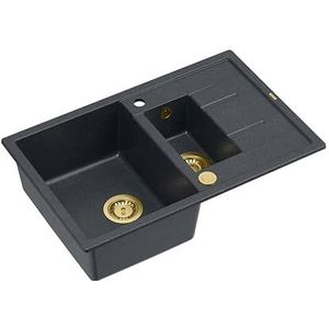 Quadron Morgan 116 spoelbak, granieten spoelbak, afmetingen 78 x 50 x 22 cm, zwart en goud, Morgan 116 keukenspoelbak, dubbele wastafel, keukenspoelbak met afdruipoppervlak, met kraangat