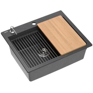 QUADRON Gootsteen granieten spoelbak keuken | afmeting 59,5 x 50 x 21,5 cm, kleur: zwart | KURT 110 granieten spoelbak inbouwspoelbak | aanrecht keukenspoelbak | set: dispenser, houten plank, Qmata,