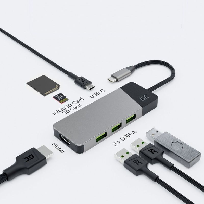 GREEN CELL HUB USB-C ADAPTER GC CONNECT 7W1 (3XUSB 3.1, HDMI 4K 60HZ, USB-C PD 85W, MICROSD/SD)