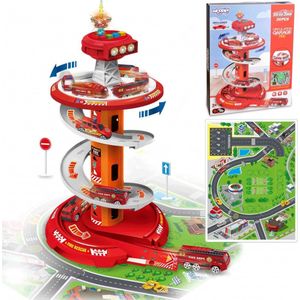 WOOPIE Ronde Spiraal Speelgoed Garage inclusief 3 speelgoedauto's - Speelgoedgarage - Inclusief speelmat - Brandweer