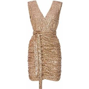 Swing Fashion Sparkle mini-jurk voor dames, elegante jurk, feestelijke jurk, partyjurk, avondjurk, bruiloftsjurk, jurk met pailletten, korte jurk, glitterjurk, mouwloos, goud, S