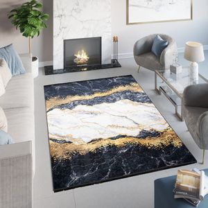 Tapiso Toscana Vloerkleed Kwastjes Grijs Gouden Abstract Tapijt Maat- 160x230