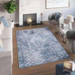 Tapiso Toscana Vloerkleed Geometrisch Blauw Gouden Tapijt Maat- 80x150