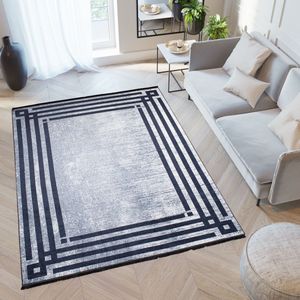 Tapiso Toscana Vloerkleed Kwastjes Grijs Blauw Frame Tapijt Maat- 160x230