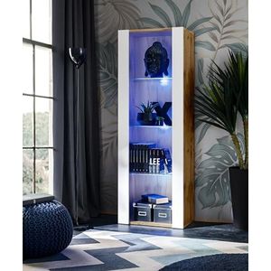 Komodee, Tivoli kast, Wit/Wotan, Breedte 55 cm x Hoogte 159 cm x Diepte 35 cm, Blauwe LED, 3 planken, Voor woonkamer, slaapkamer, hal