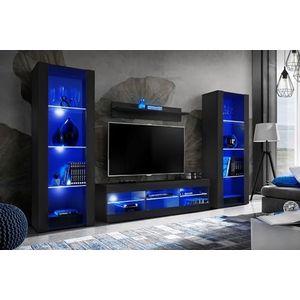 Komodee, Tivoli Grande woonkamer RTV meubelset, Zwart/Zwart, Breedte 290cm x Hoogte 159cm x Diepte 35cm, Blauw LED, Voor woonkamer, Slaapkamers