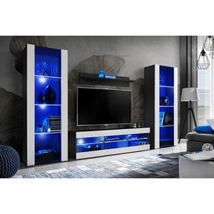 Komodee, Tivoli Grande woonkamer RTV meubelset, Wit/Zwart, Breedte 290cm x Hoogte 159cm x Diepte 35cm, Blauw LED, Voor woonkamer, Slaapkamers