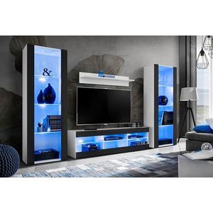 Komodee, Tivoli Grande woonkamer RTV meubelset, Zwart/Wit, Breedte 290cm x Hoogte 159cm x Diepte 35cm, Blauw LED, Voor woonkamer, Slaapkamers