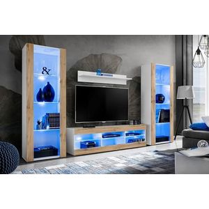 Komodee, Tivoli Grande woonkamer RTV meubelset, Wotan/Wit, Breedte 290cm x Hoogte 159cm x Diepte 35cm, Blauw LED, Voor woonkamer, Slaapkamers