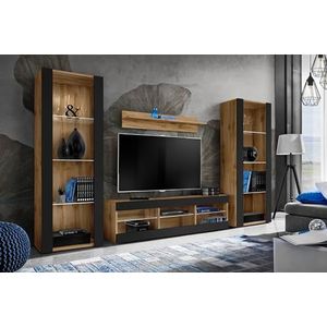 Komodee, Tivoli Grande woonkamer RTV meubelset, Zwart/Wotan, Breedte 290cm x Hoogte 159cm x Diepte 35cm, Zonder LED, Voor woonkamer, Slaapkamers