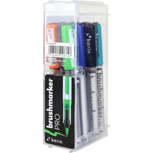 KARIN Brushmarker PRO 12 Basic Colours Set Brushmarker Pro Basic Colours Set van 12 transparante viltstiften met inktvrij systeem, 2,4 ml vloeibare kleur, geen marker