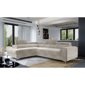 Hoekbank - Laurence - Slaapfunctie - Opberger - Beige - Verstelbare hoofdsteunen - 278 x 205 cm