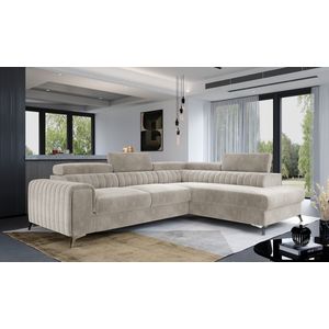 Hoekbank - Laurence - Slaapfunctie - Opberger - Beige - Verstelbare hoofdsteunen - 278 x 205 cm