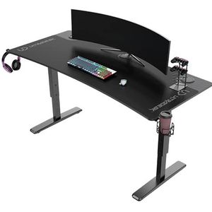 ULTRADESK Cruiser | Computertafel-gamingbureau voor maximaal 3 monitoren met 3 kabeluitgangen, plank voor stekkerdoos, XXL-muismat | Stalen frame, zwart kussen, rond gedeelte 160x70 cm