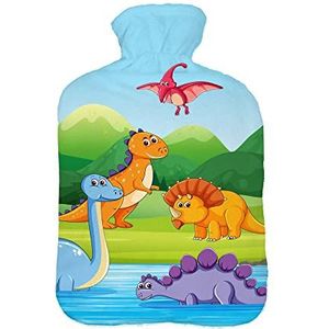 Warmwaterkruik met pullover overtrek 2 liter bedfles met mooie fleece print overtrek rubberen warmwaterkruik met deksel wit 5 dino bij het water [092]