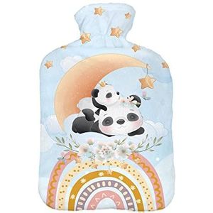 Warmwaterkruik met pullover overtrek 2 liter bedfles met mooie fleece print overtrek rubberen warmwaterkruik met deksel wit panda maan regenboog [092]