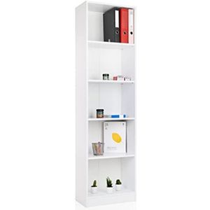 ADGO Smalle boekenkast, wit met scheidingswanden, 50 x 30 x 181 cm, hoog open staande rek, smalle hoogte, kantoorkast, boekenkast, plank