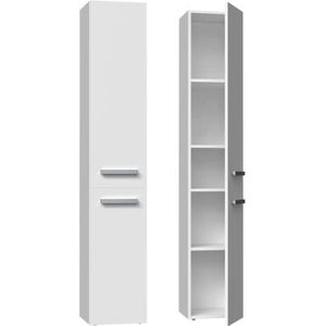 ADGO Nel II badkamer boekenkast met lange deuren 31cm x 174cm x 30cm praktische en elegante badkamerkast laminaat top zilveren beugels (wit)