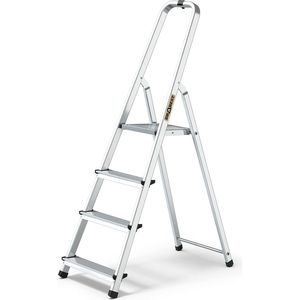 Trapladder, 3 treden, opklapbaar, aluminium ladder met plank, huishoudladder, belastbaar tot 125 kg, staladder, vrije haak