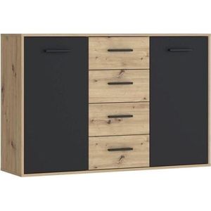 PILVI dressoir - Eigentijdse stijl - Melaminedeeltjes - Eiken en zwart decor - 2 deuren + 4 laden - L 122,6 x D 34,2 x H 81,7 cm