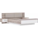 FORTE Schlafzimmer-Set Rondino, Bett + 2 Nachttische+ LED, gepolstertes Kunstleder Kopfteil, (Liegefläche 180x200cm, Gesamtmaße ca. 285 x 91.7 x 209cm), Hochglanz mit Sandeiche, wahlweise mit Bettbank