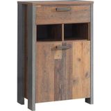 FORTE Clif Schoenenkast met 1 deur en 1 lade, hout, Old Wood Vintage decor en betonlook donkergrijs, 67 x 105,5 x 41,6 cm